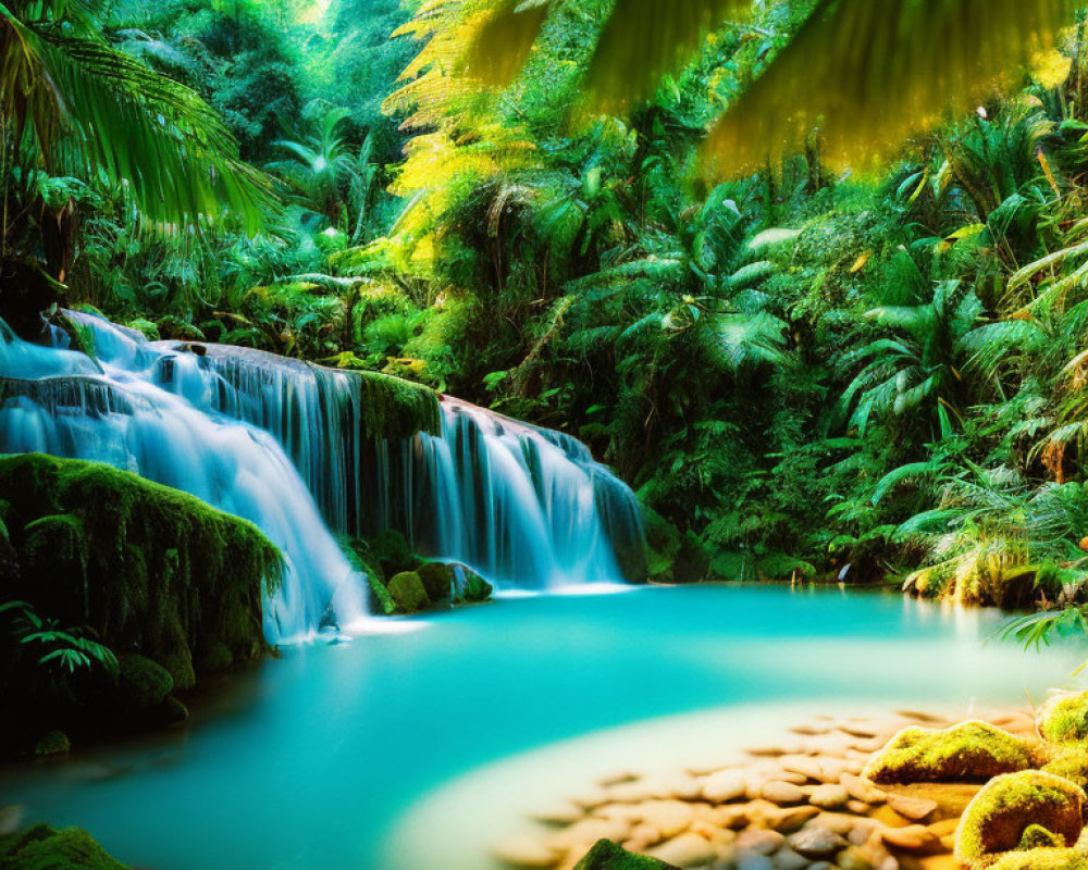 Tranquil Tropical Waterfall Amidst Lush Greenery