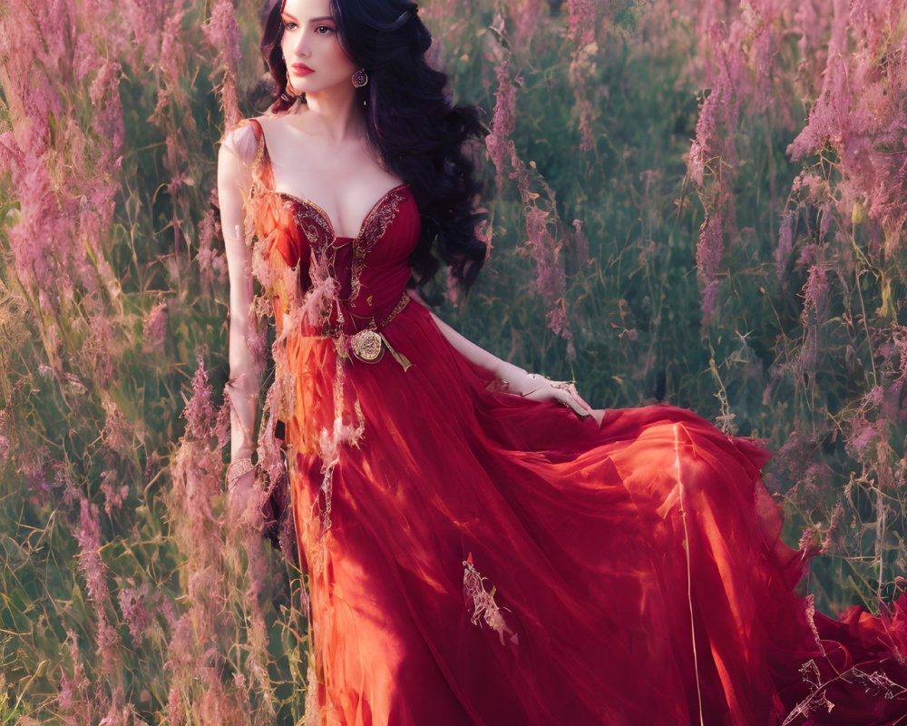 Woman in red gown with gold details standing in pinkish-purple grass.