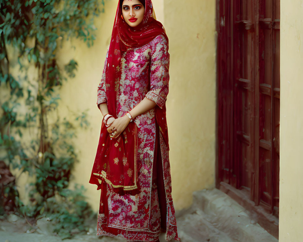Traditional red and patterned dress woman with gold jewelry by old door