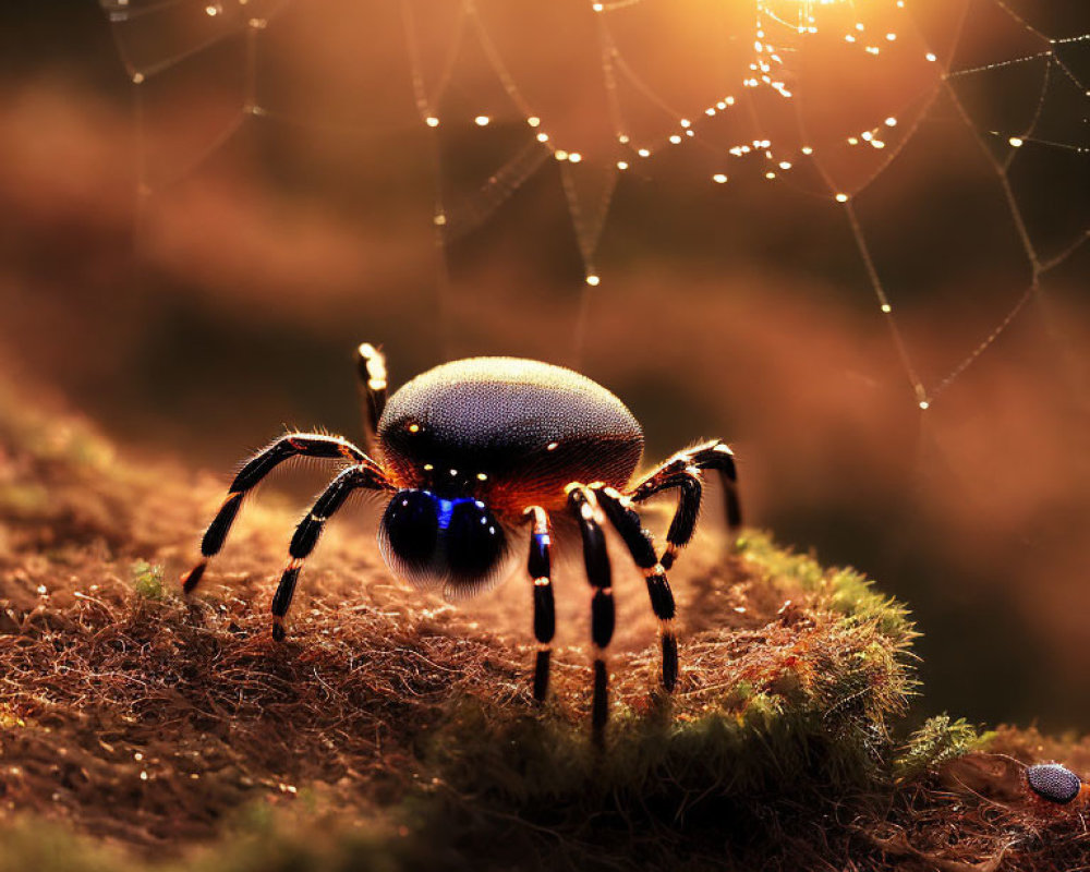 Spider on Moss with Glowing Web in Golden Sunlight