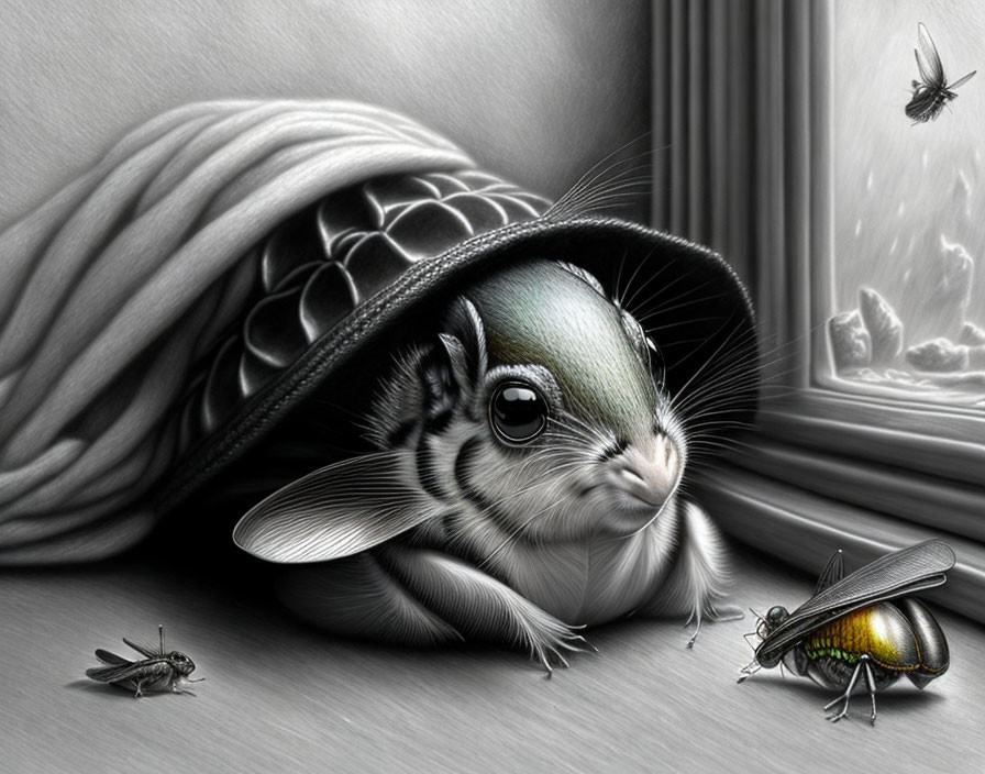 Monochromatic illustration of a squirrel with armadillo shell, observing insect and fly