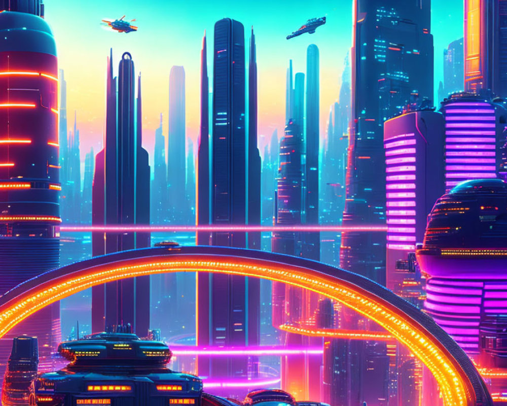 Futuristic cityscape with neon lights, skyscrapers, flying vehicles, and looping highways
