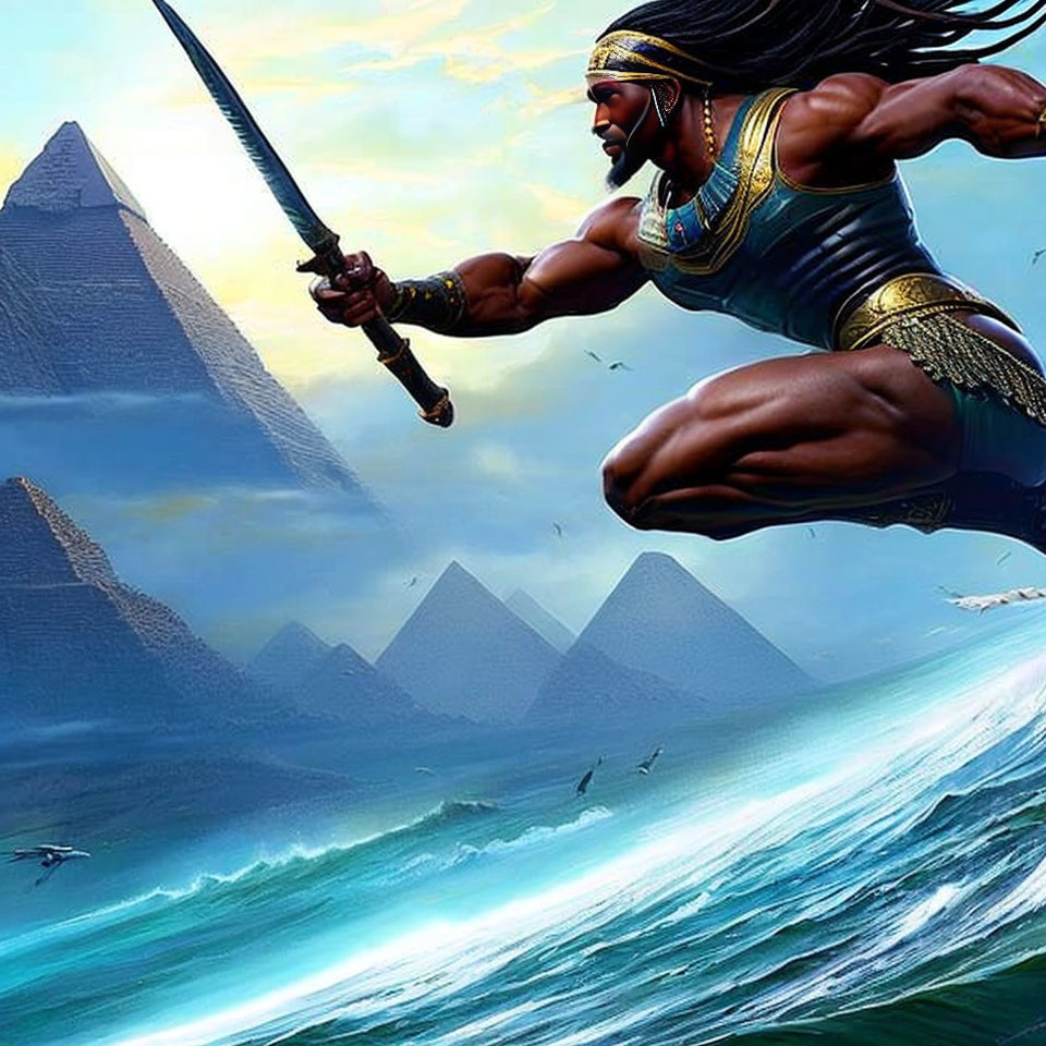 Animated warrior leaping with raised sword over ocean and pyramids, evoking ancient Egyptian theme.