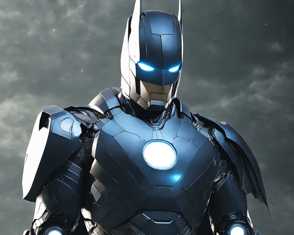 Armored character with glowing arc reactor and blue eyes against night sky