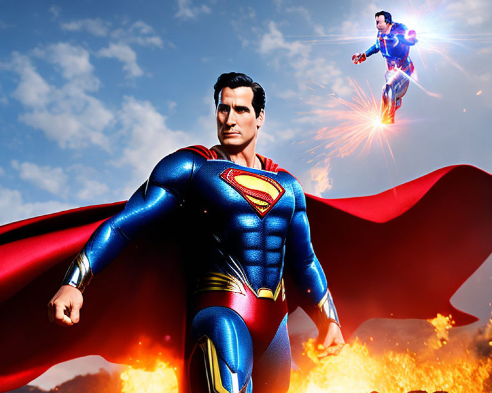 Superman illustration with fiery explosion and flying figure