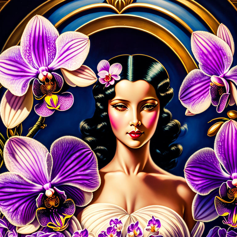 Vibrant Art Deco portrait with dark-haired woman and purple orchids