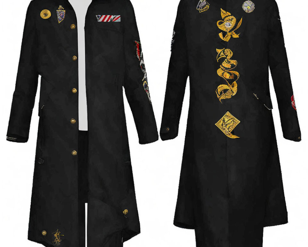 Black Long-Sleeve Trench Coat with Colorful Patches and Snake Design