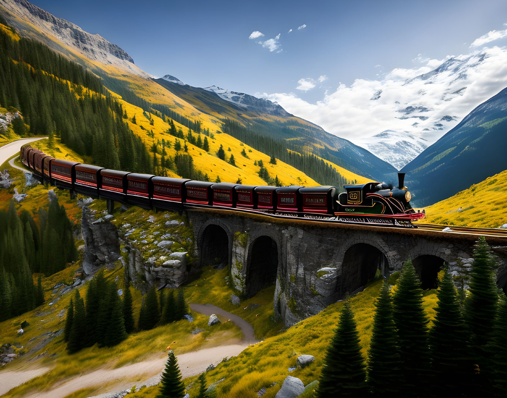 Vintage red train crossing stone bridge in mountain landscape with pine trees and autumn foliage under blue sky