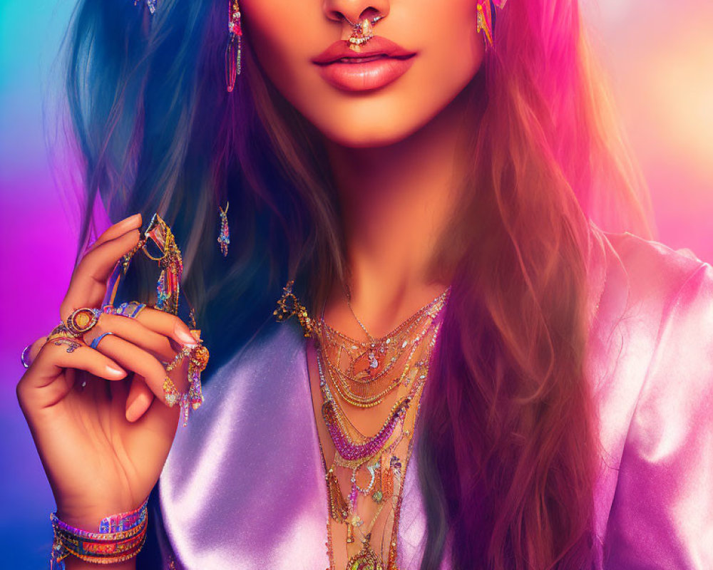 Woman adorned with vibrant jewelry and makeup against colorful background