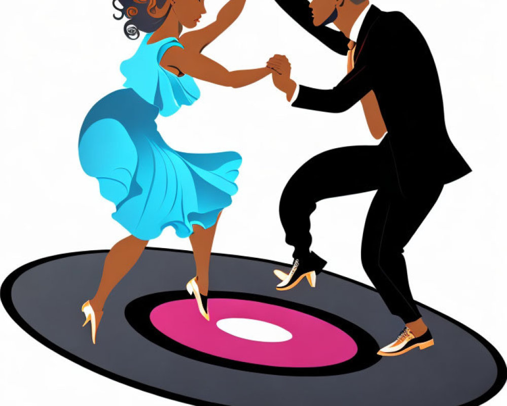 Illustration of man and woman dancing on vinyl record design