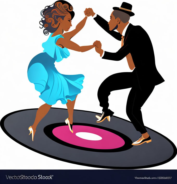 Illustration of man and woman dancing on vinyl record design