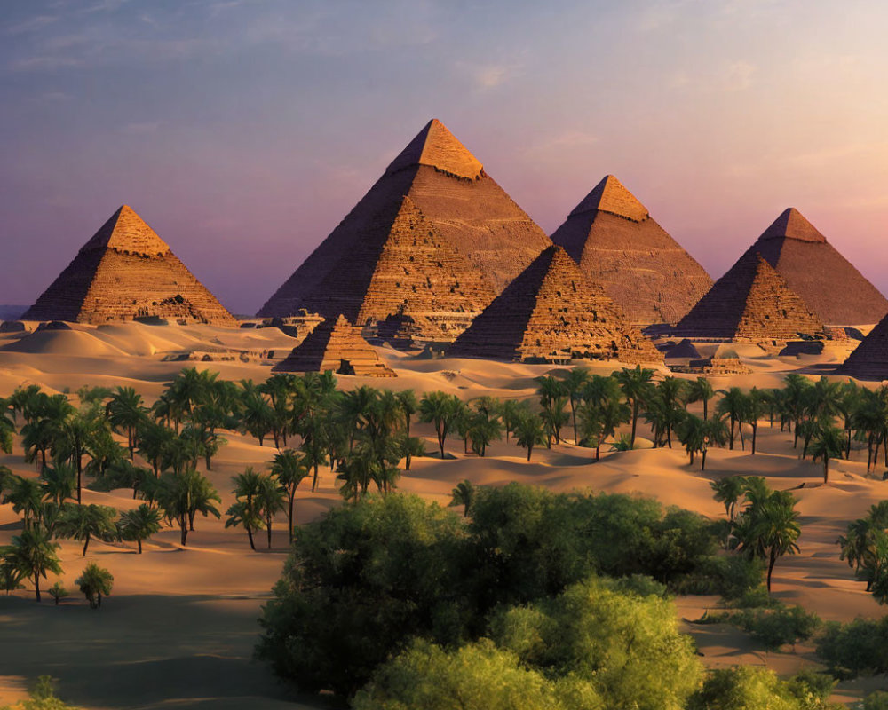 Ancient Pyramids of Giza at Twilight with Palm Trees in Desert Oasis