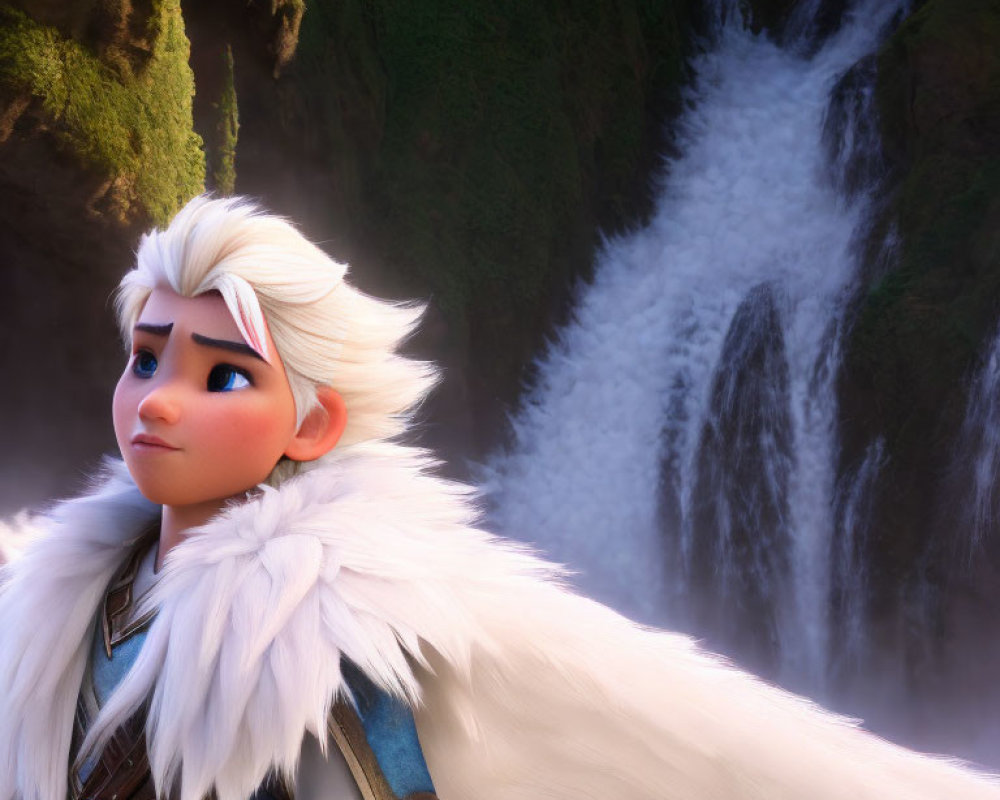 Animated character with white hair in pensive pose against lush waterfall background