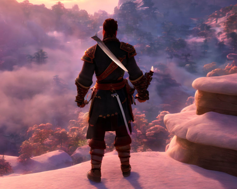 Character in Traditional Armor Watches Vibrant Sunset over Misty Mountains
