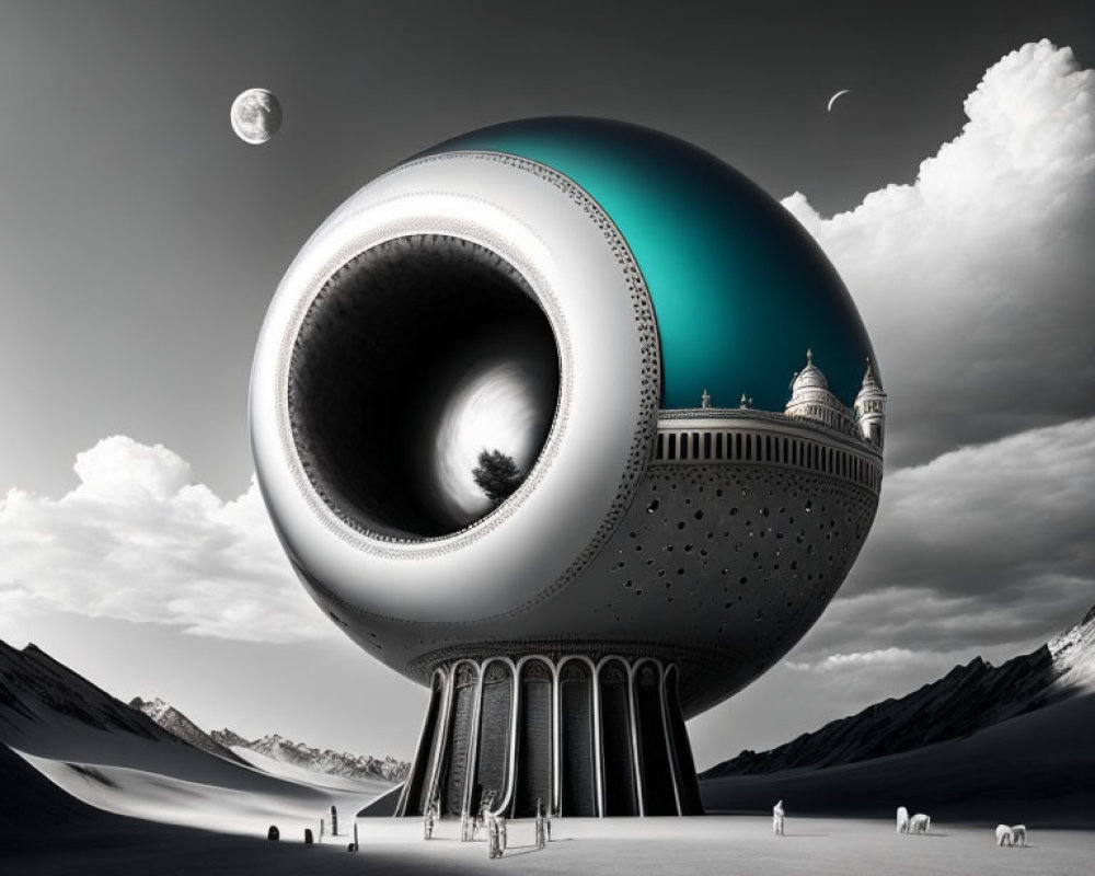 Surreal black and white landscape with futuristic sphere, classical pillars, and tiny human figures under moon