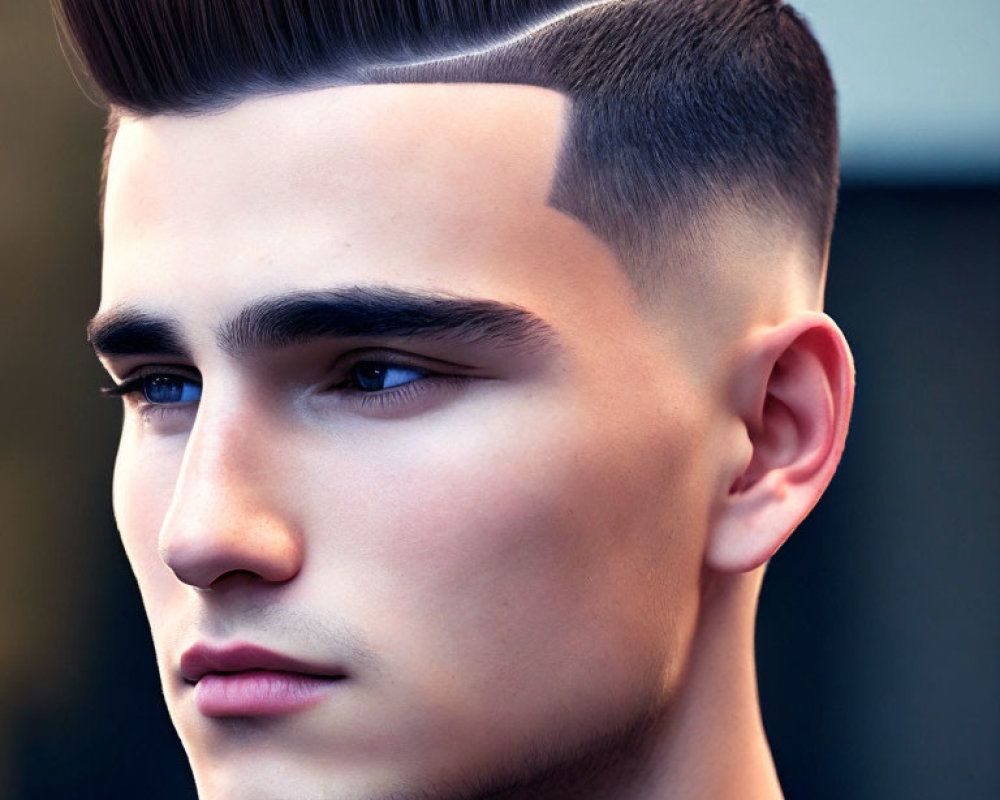 Modern undercut hairstyle with sharp side part and intense gaze