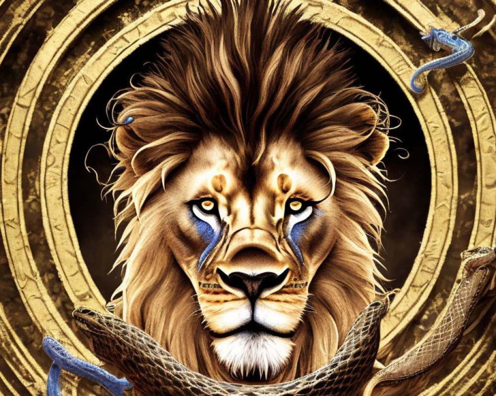 Majestic lion head in ornate golden frame with serpents intertwined