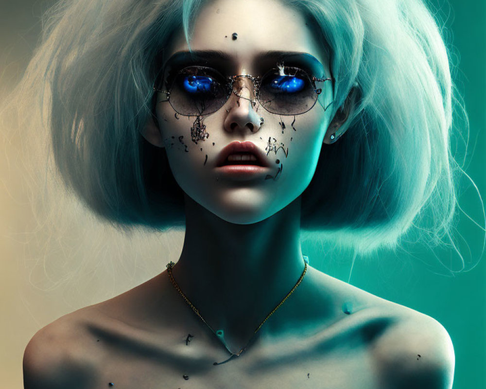 Portrait of Woman with Pale Blue Hair and Shattered-Glass Effect on Teal Background
