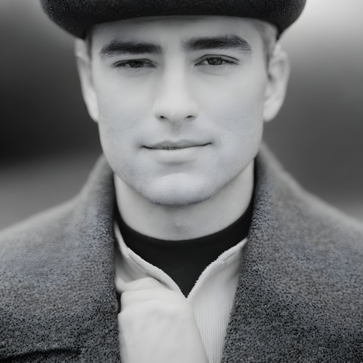 Monochrome portrait of man in beret, coat, and black shirt
