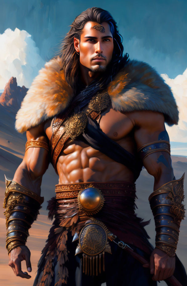 Muscular warrior in ornate armor standing in desert landscape