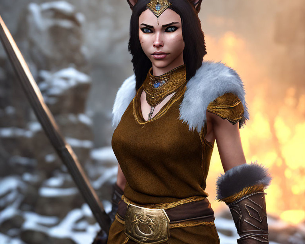 Digital illustration of fierce female warrior in medieval armor with sword, cat-like features, fiery backdrop