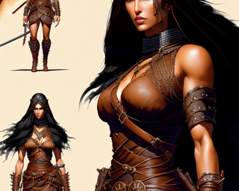Fantasy warrior woman in detailed armor with long black hair