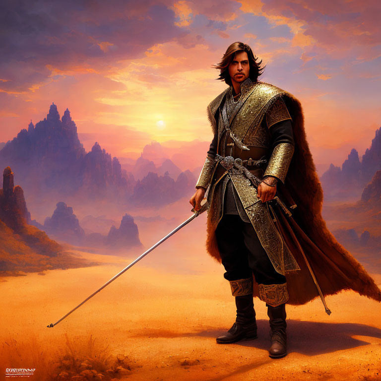 Stoic warrior in ornate armor at desert sunset with sword