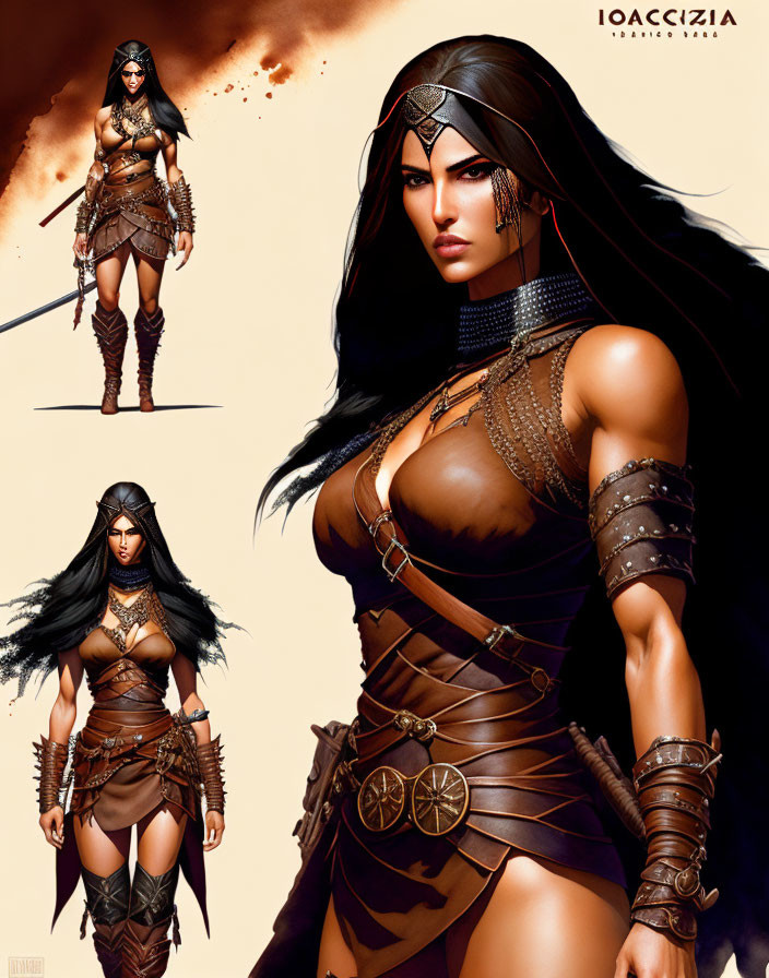 Fantasy warrior woman in detailed armor with long black hair