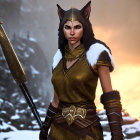 Digital illustration of fierce female warrior in medieval armor with sword, cat-like features, fiery backdrop
