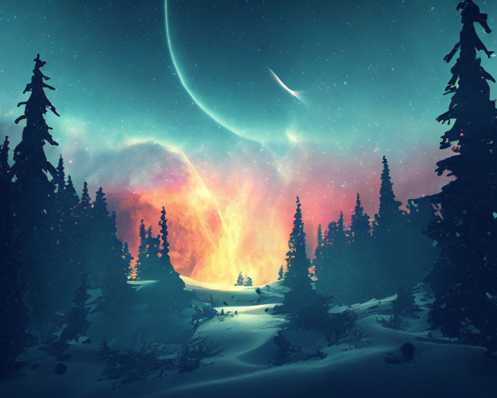 Snowy Forest Night Scene with Colorful Aurora Borealis
