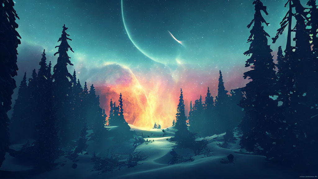 Snowy Forest Night Scene with Colorful Aurora Borealis