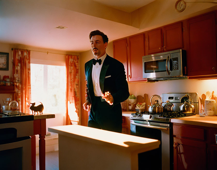 Man in tuxedo in warmly lit kitchen with red cabinets holding glass