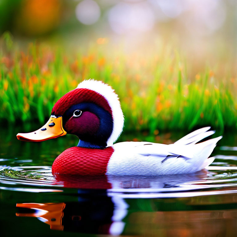 Vibrant male wood duck with red eyes and colorful plumage in serene water landscape