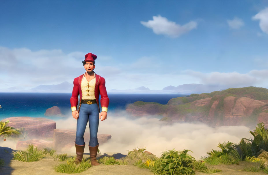 Pirate-themed animated character on cliff by ocean and islands