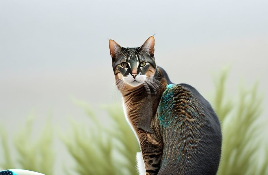 Tabby Cat with Striking Markings and Piercing Eyes Among Green Plants
