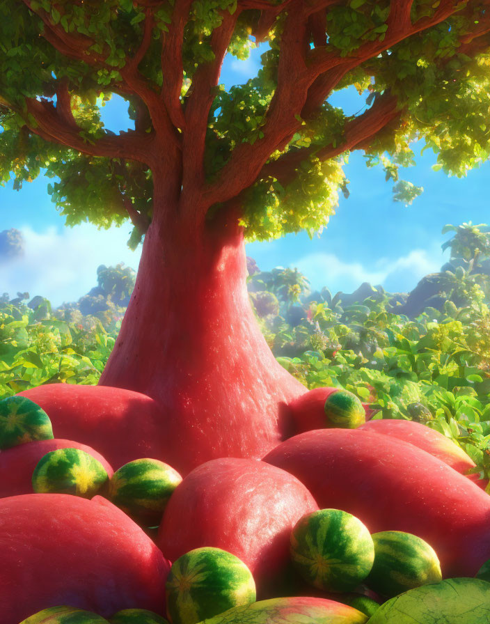 Red-trunk tree with green leaves above ripe watermelons under sunny sky