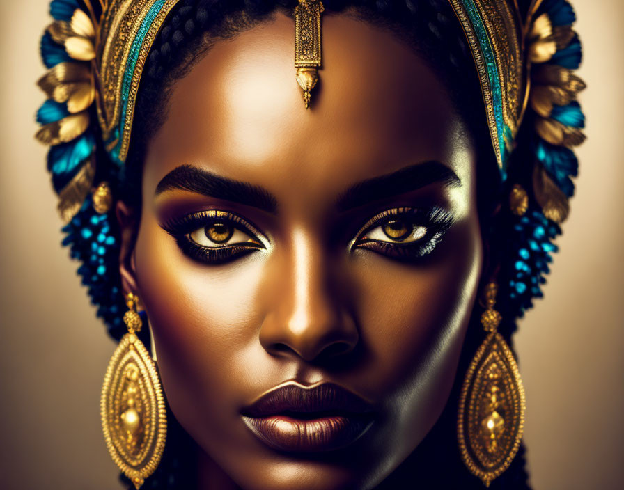Digital artwork featuring woman with golden makeup and traditional blue & gold accessories