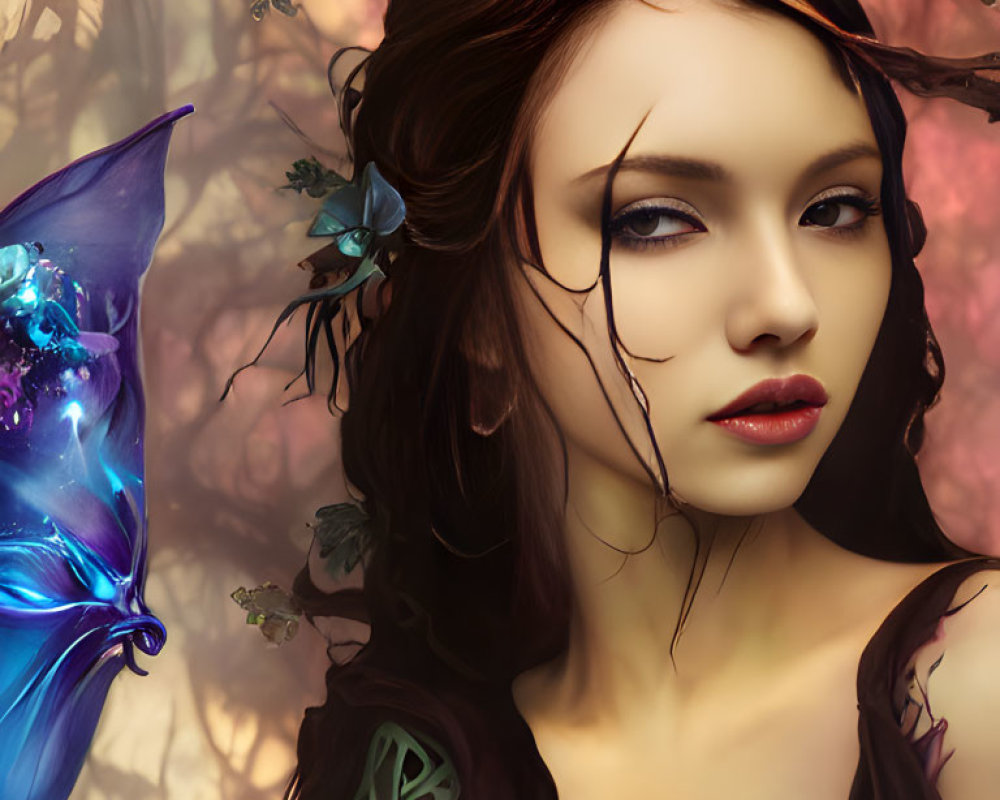 Fantasy portrait of a woman with a mystical butterfly in warm tones and enchanting forest background