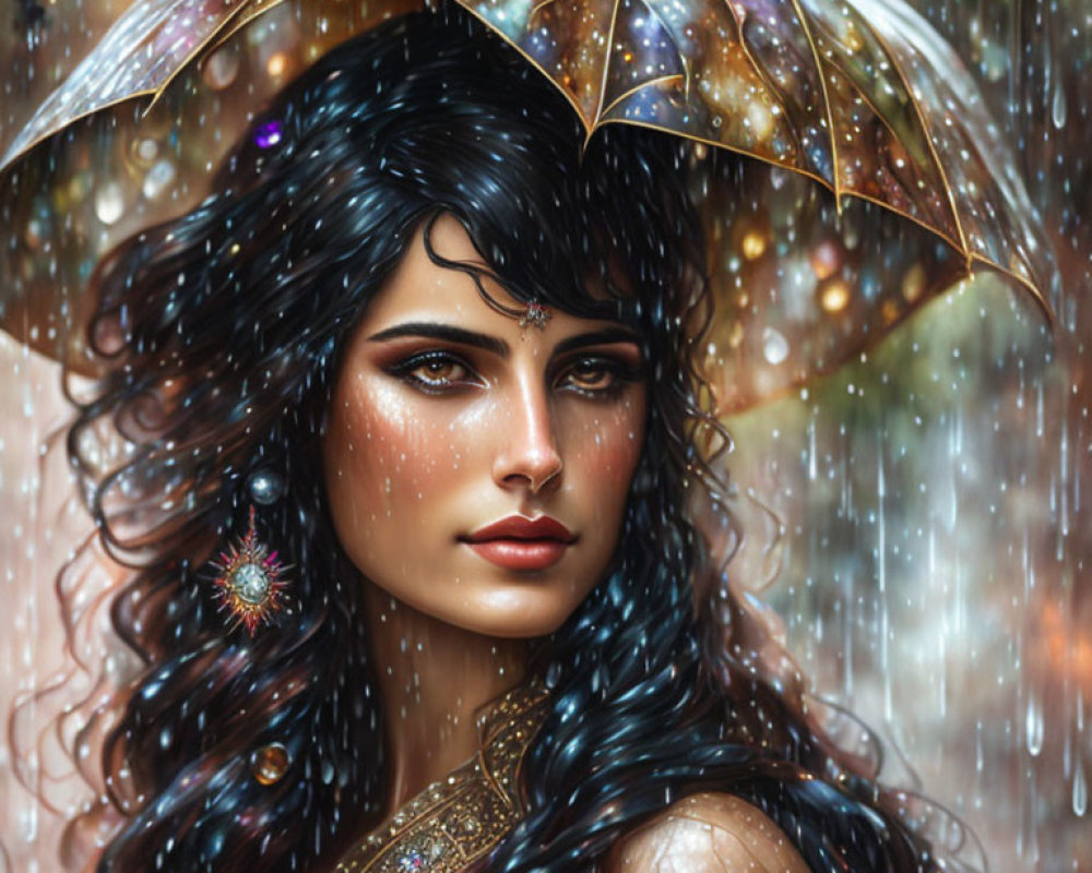 Digital artwork: Woman with dark hair and brown eyes holding translucent umbrella in gentle rain.