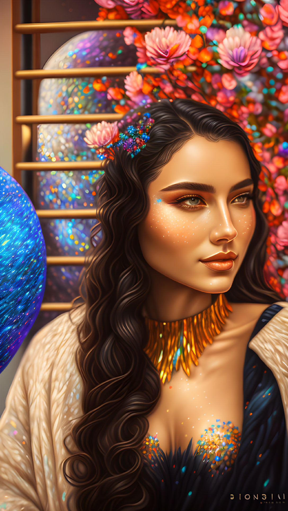Vibrant digital portrait with glittering makeup and colorful flowers