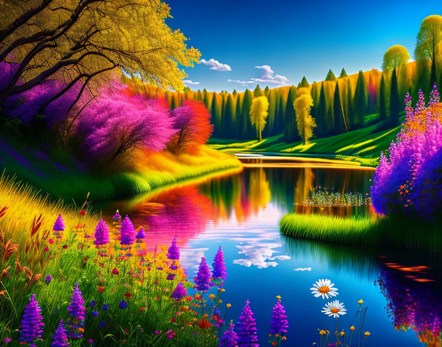 Colorful Landscape with Reflective River and Lush Vegetation
