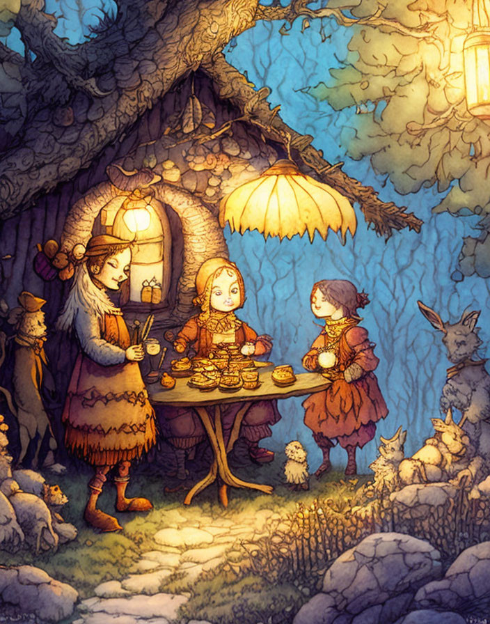 Whimsical characters dining outside cozy cottage at twilight