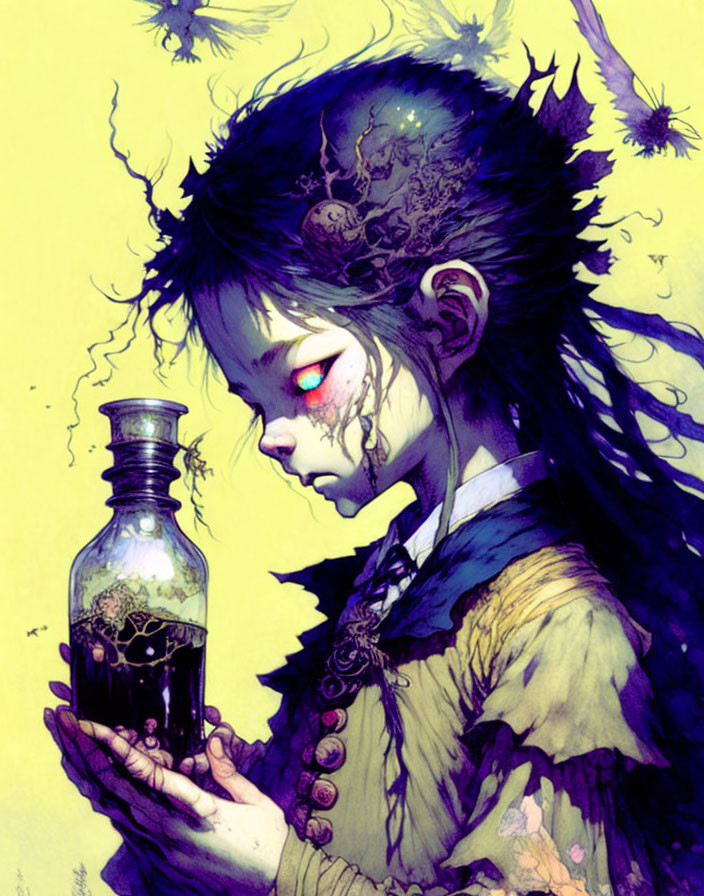 Dark and Ethereal Girl Illustration with Mystical Bottle