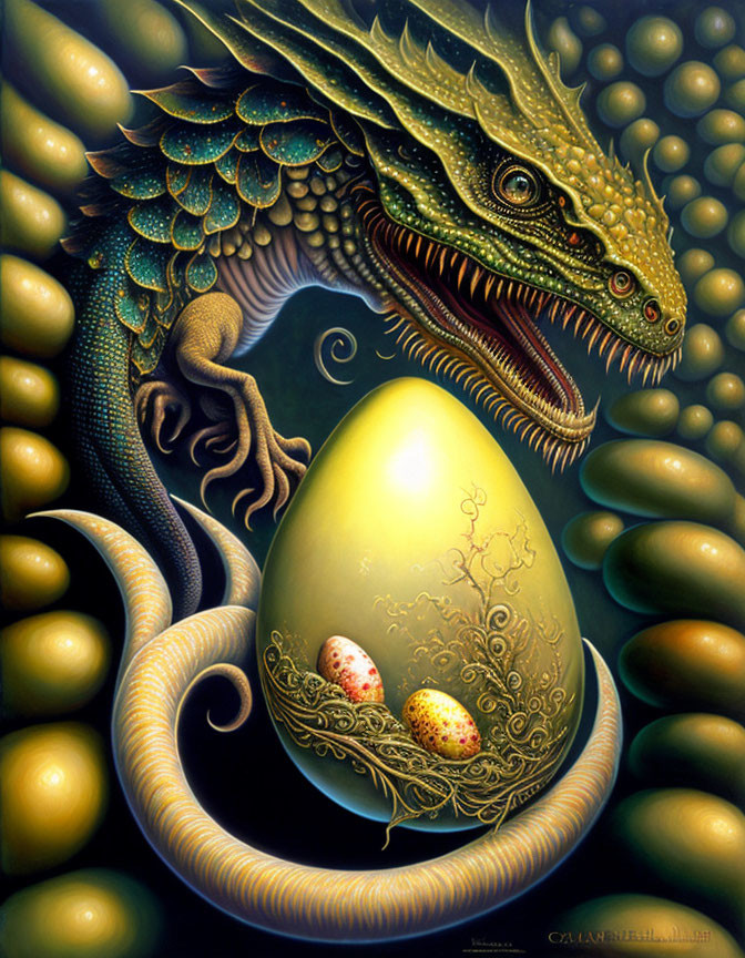 Detailed Green Dragon Coiled Around Golden Egg With Smaller Eggs