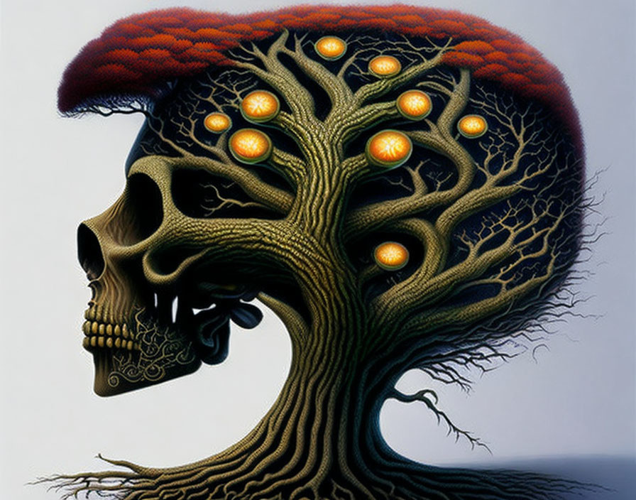 Tree branches form human skull silhouette with oranges as focal points