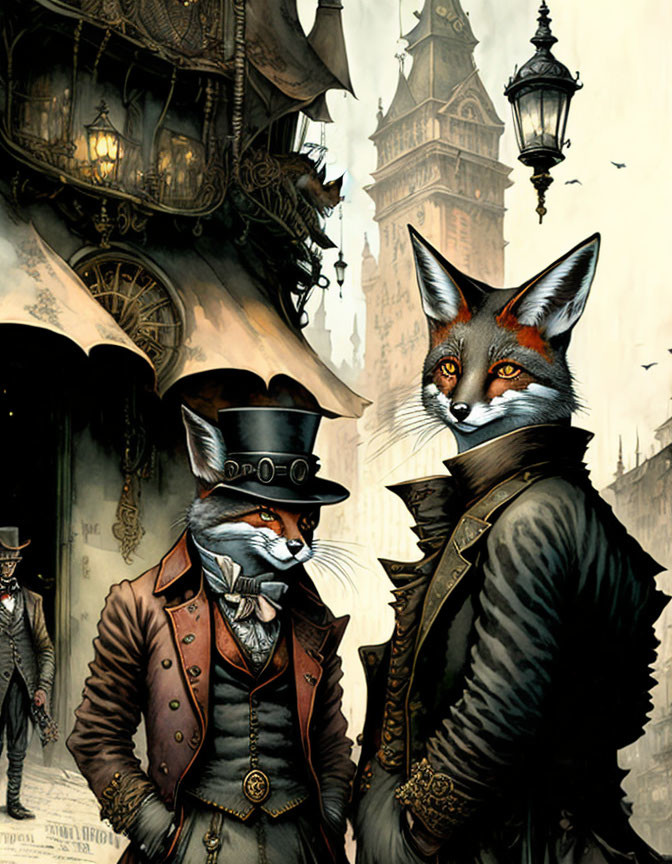 Anthropomorphic foxes in Victorian attire in old London setting