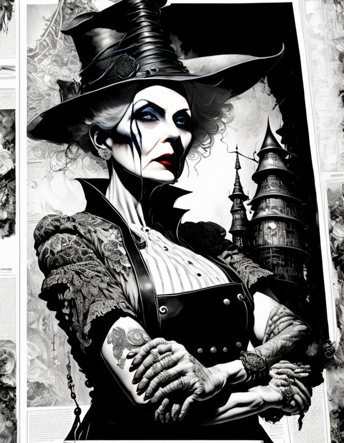 Illustration of gothic woman in top hat, corset, tattoos, with castle and storm clouds