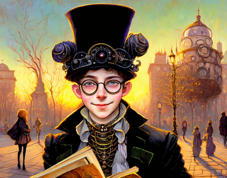 Young person in steampunk attire with book on bustling retro-futuristic street