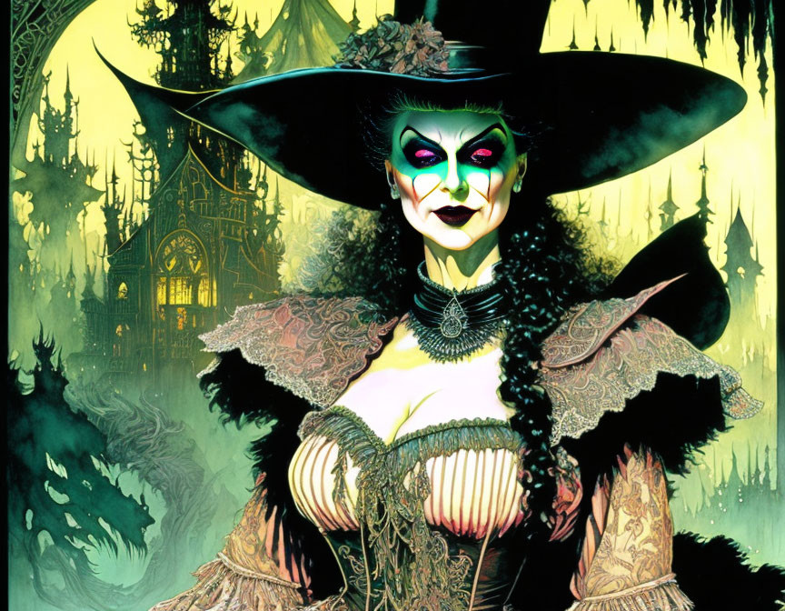 Stylized female character in gothic attire with green skin and glowing eyes in cathedral setting.