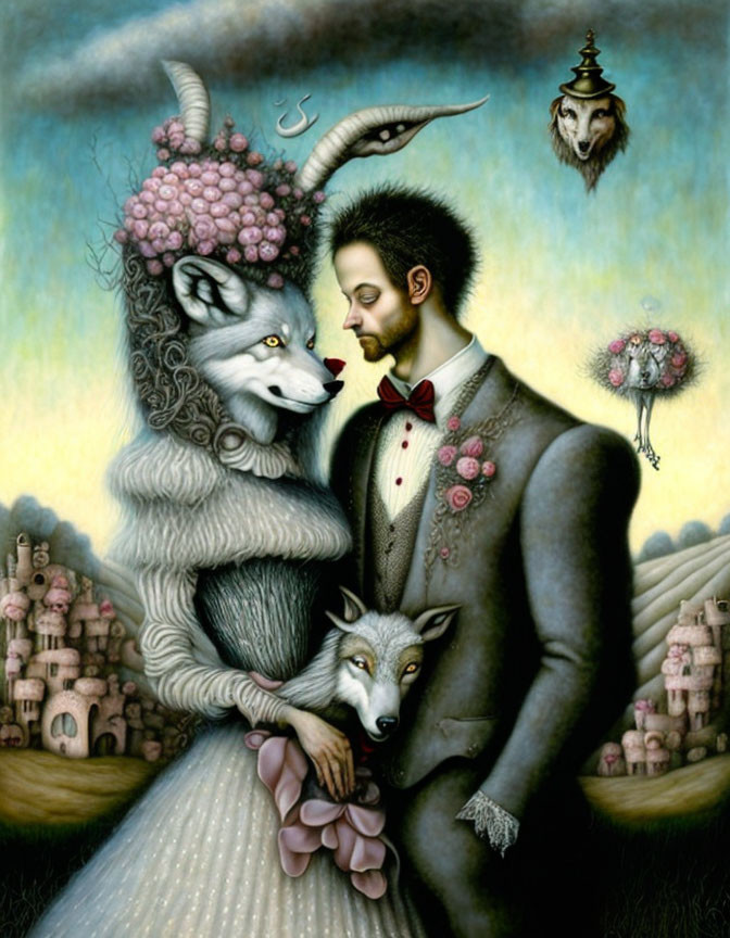 Man in suit with wolf-headed beings in whimsical painting